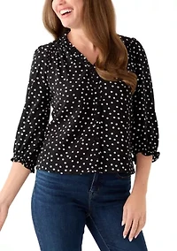Petite 3/4 Sleeve Black V-Neck Button Blouse