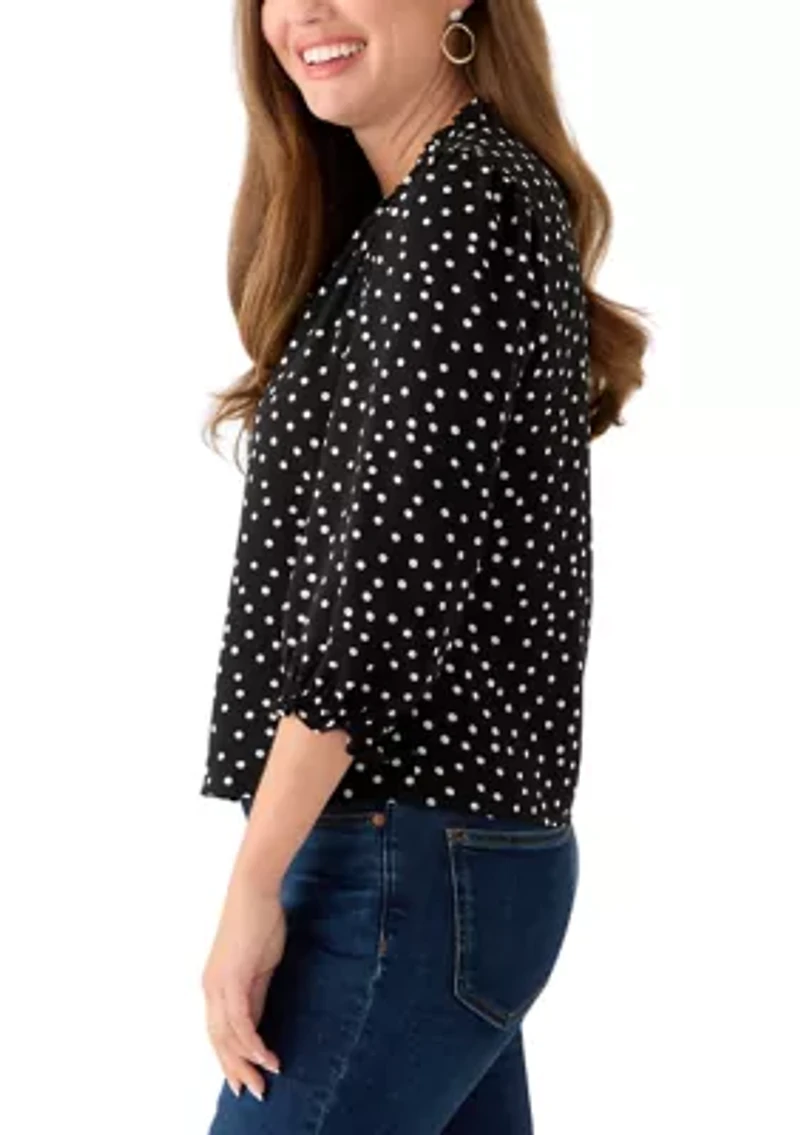Petite 3/4 Sleeve Black V-Neck Button Blouse