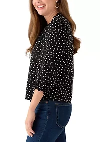 Petite 3/4 Sleeve Black V-Neck Button Blouse