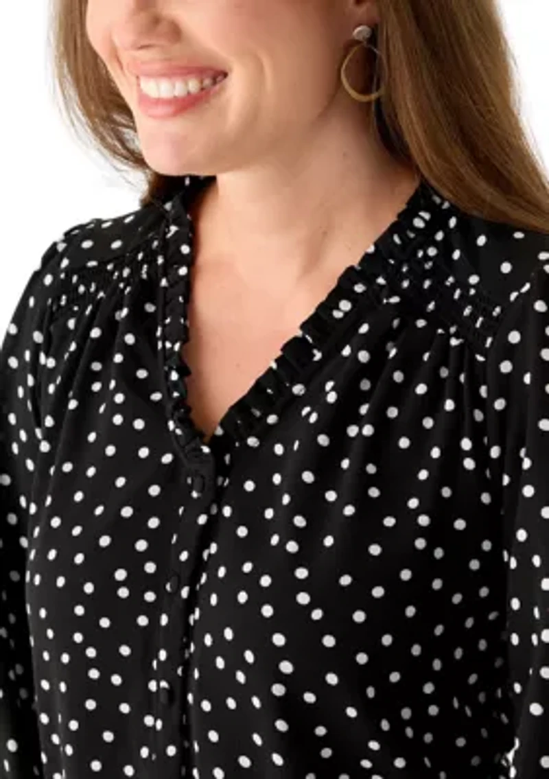 Petite 3/4 Sleeve Black V-Neck Button Blouse