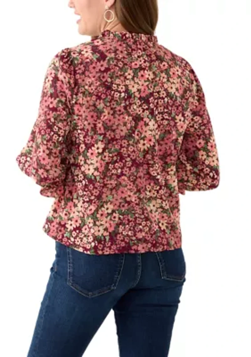 Petite 3/4 Sleeve Fresh Berry V-Neck Button Blouse
