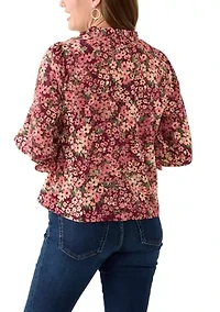 Petite 3/4 Sleeve Fresh Berry V-Neck Button Blouse