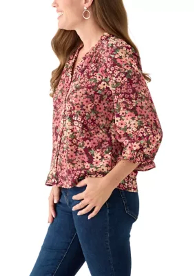 Petite 3/4 Sleeve Fresh Berry V-Neck Button Blouse