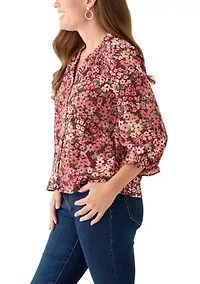 Petite 3/4 Sleeve Fresh Berry V-Neck Button Blouse