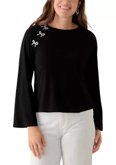 Petite Bow Placket Long Sleeve Blouse