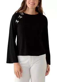 Petite Bow Placket Long Sleeve Blouse