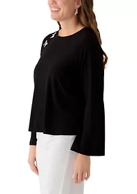 Petite Bow Placket Long Sleeve Blouse