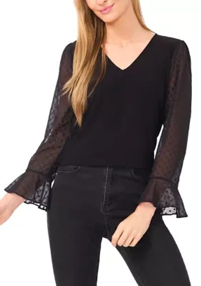 Petite Long Sleeve Top with Sheer Ruffle Sleeves