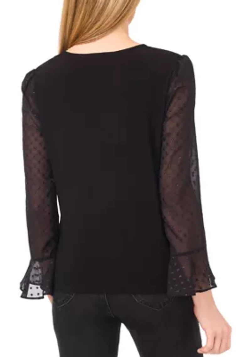 Petite Long Sleeve Top with Sheer Ruffle Sleeves