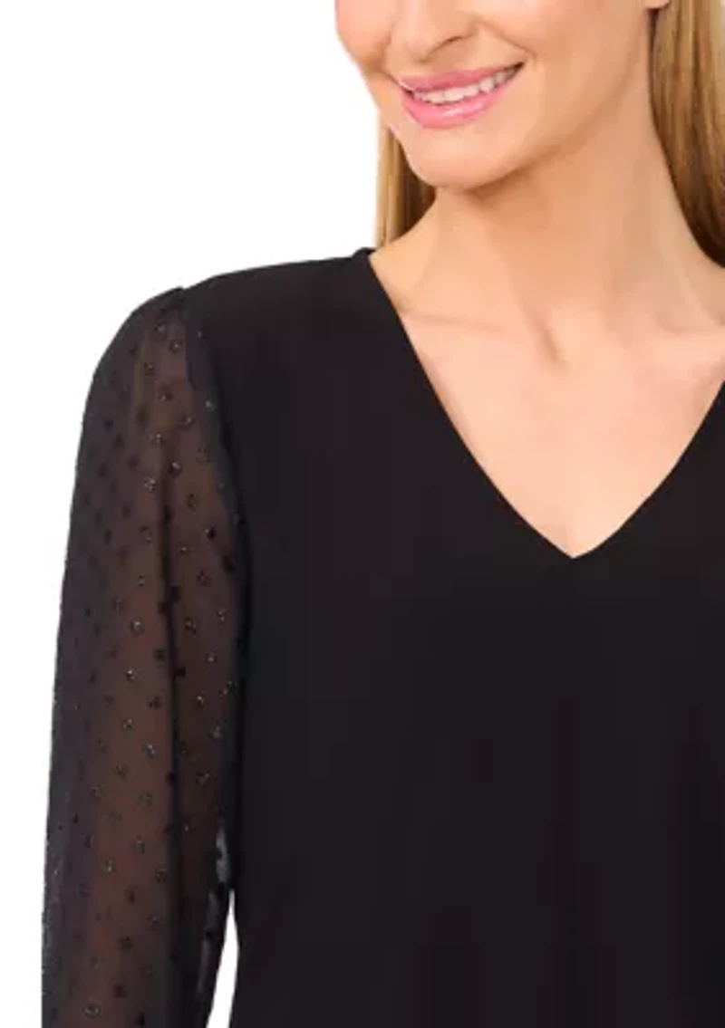 Petite Long Sleeve Top with Sheer Ruffle Sleeves