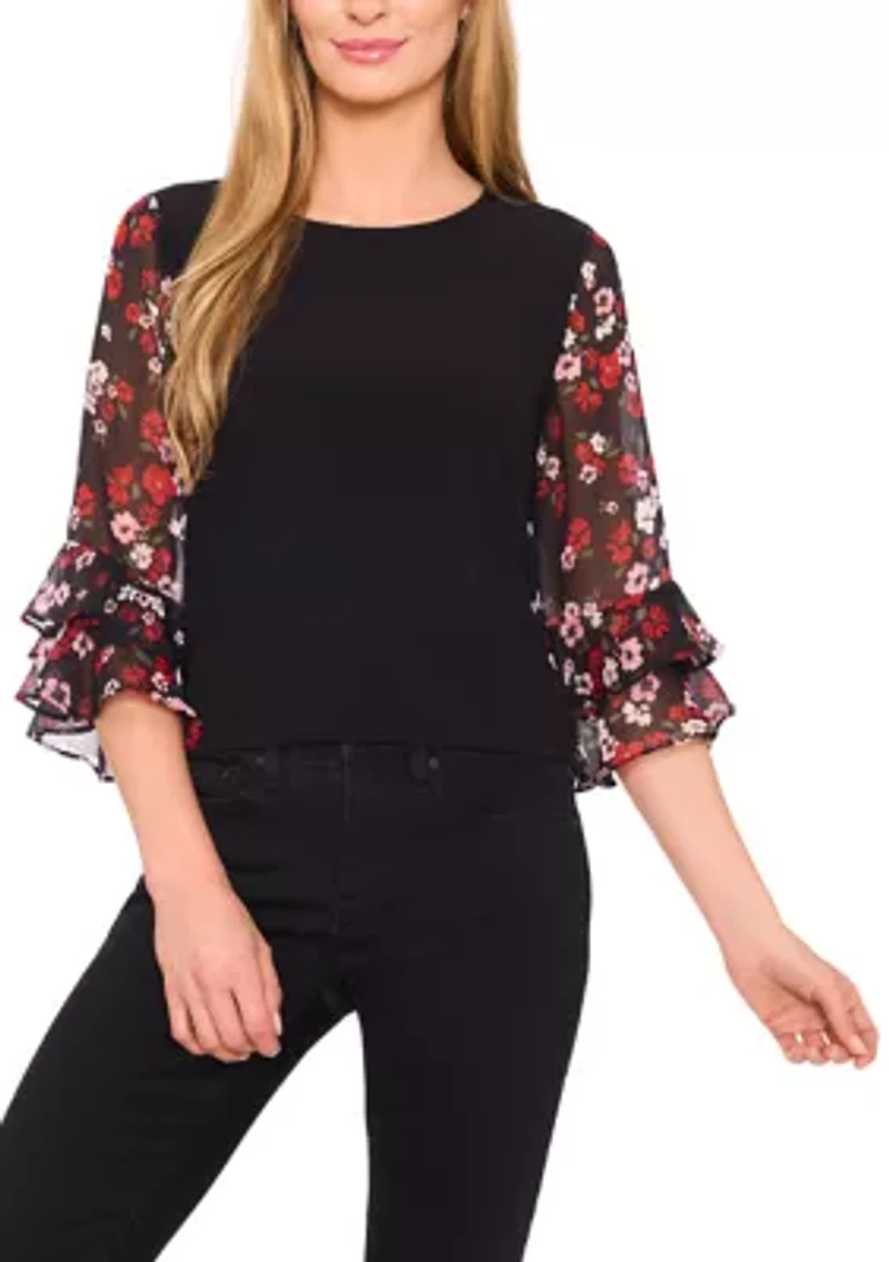 Petite 3/4 Ruffle Sleeve Mixed Media Blouse