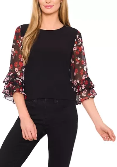Petite 3/4 Ruffle Sleeve Mixed Media Blouse