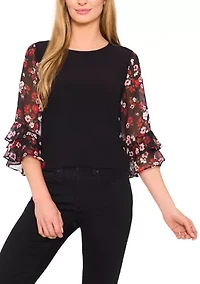 Petite 3/4 Ruffle Sleeve Mixed Media Blouse