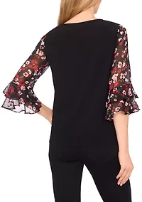 Petite 3/4 Ruffle Sleeve Mixed Media Blouse