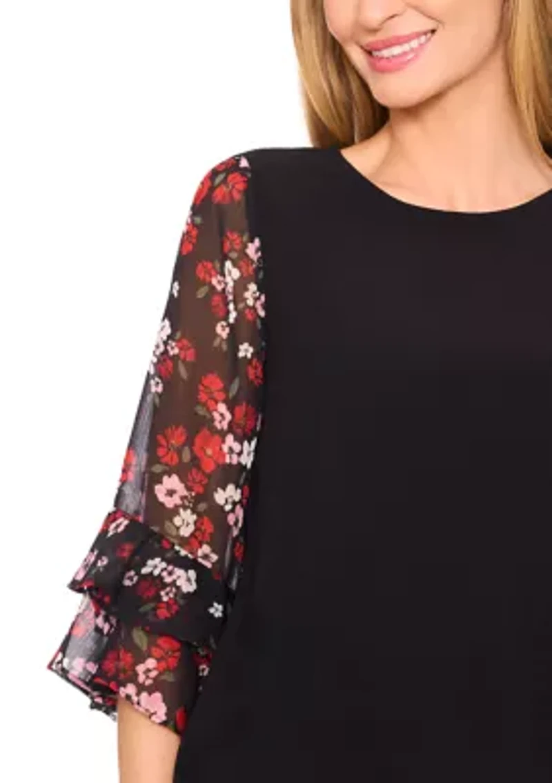 Petite 3/4 Ruffle Sleeve Mixed Media Blouse