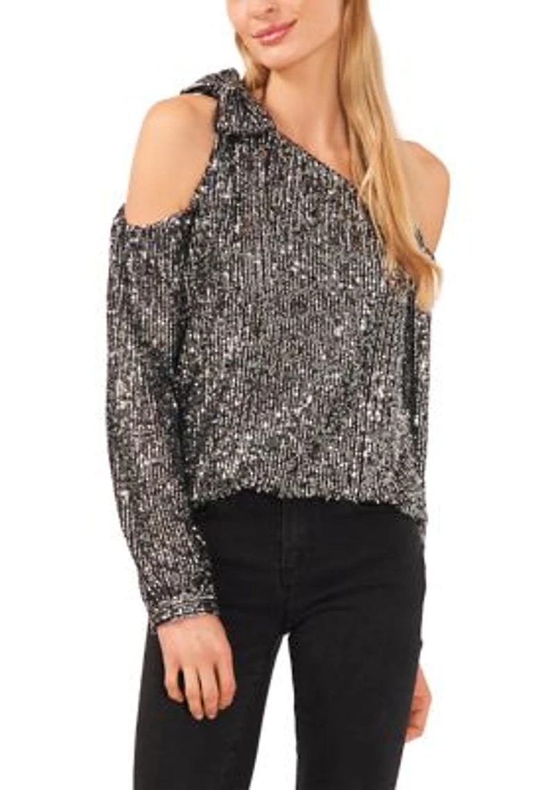 Petite Long Sleeve One Shoulder Bow Neck Sequin Blouse