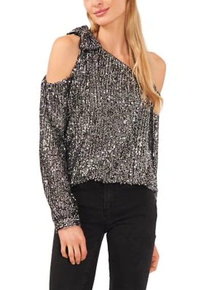 Petite Long Sleeve One Shoulder Bow Neck Sequin Blouse