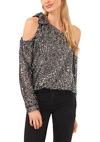 Petite Long Sleeve One Shoulder Bow Neck Sequin Blouse