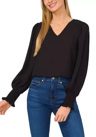 Petite Long Sleeve Blouse with Smocking