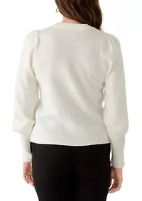 Petite Puff Sleeve Embellished Bow Pullover Sweater