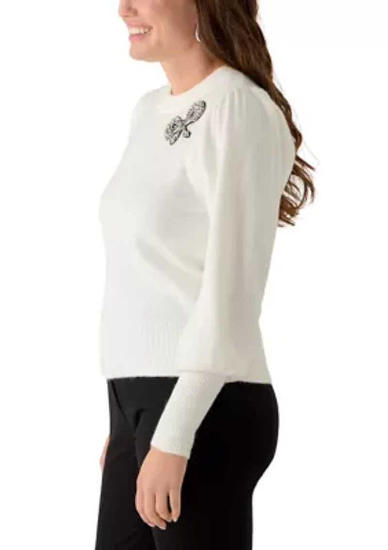 Petite Puff Sleeve Embellished Bow Pullover Sweater