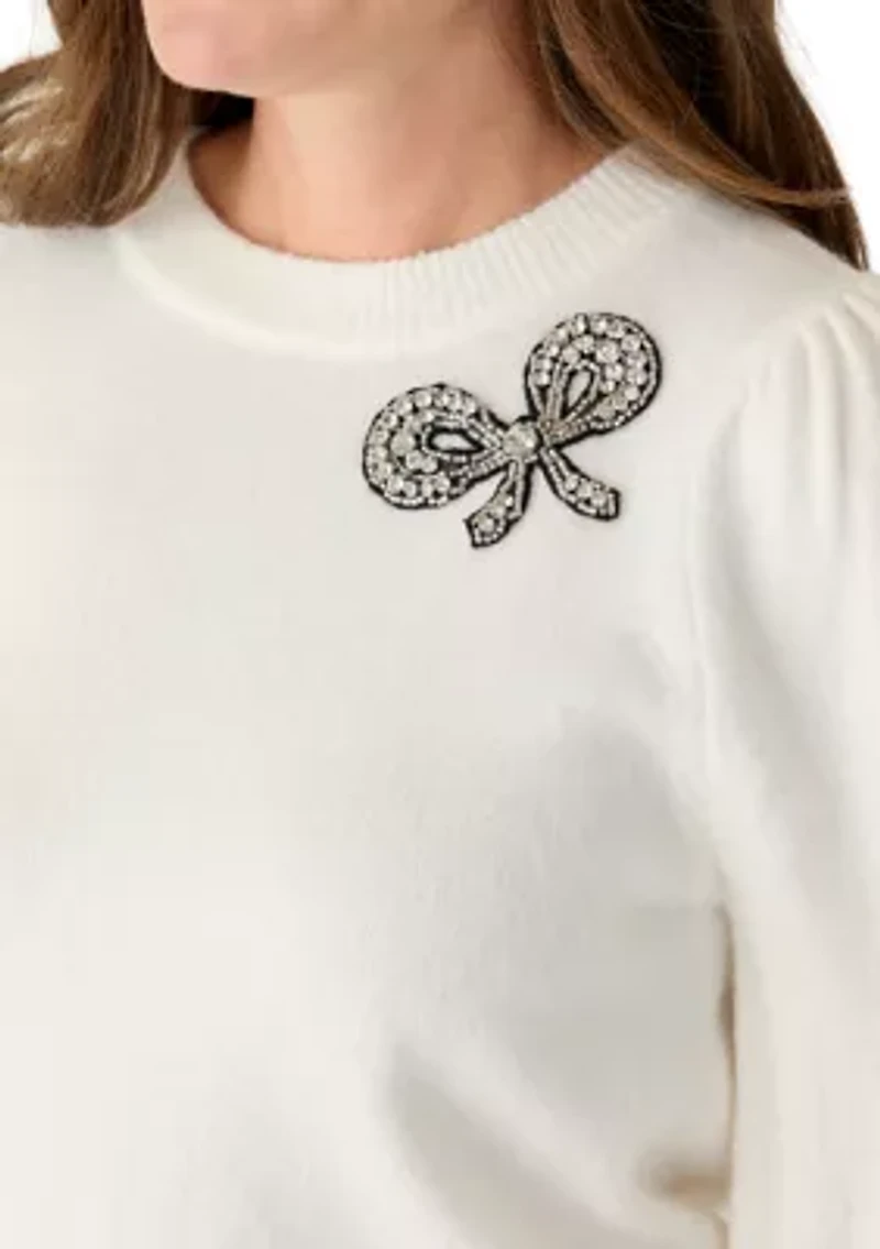 Petite Puff Sleeve Embellished Bow Pullover Sweater