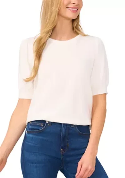 Petite Short Sleeve Crew Neck Blouse with Pearl Buttons