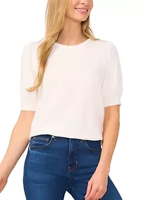 Petite Short Sleeve Crew Neck Blouse with Pearl Buttons