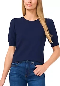 Petite Short Sleeve Crew Neck Blouse with Pearl Buttons
