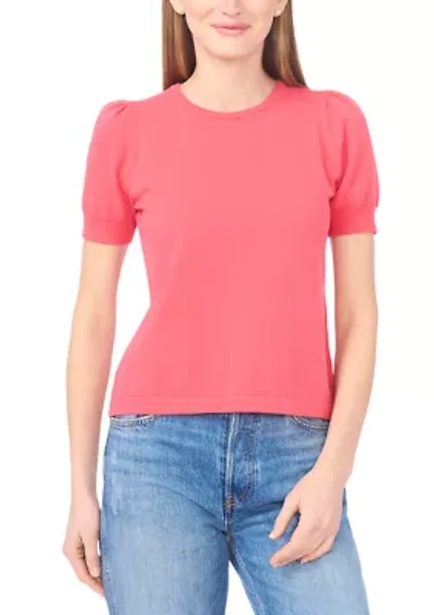 Petite Short Sleeve Crew Neck Blouse with Pearl Buttons