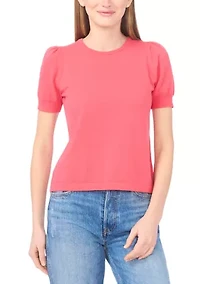 Petite Short Sleeve Crew Neck Blouse with Pearl Buttons