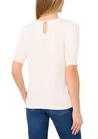 Petite Short Sleeve Crew Neck Blouse with Pearl Buttons