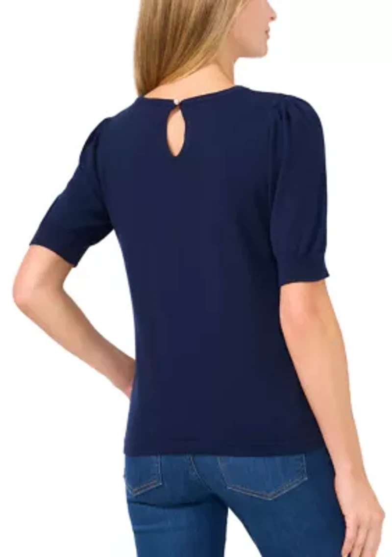 Petite Short Sleeve Crew Neck Blouse with Pearl Buttons