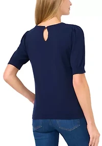 Petite Short Sleeve Crew Neck Blouse with Pearl Buttons