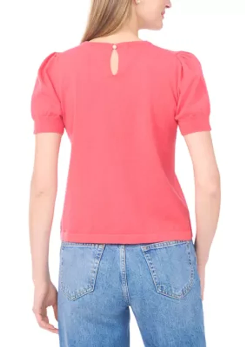 Petite Short Sleeve Crew Neck Blouse with Pearl Buttons