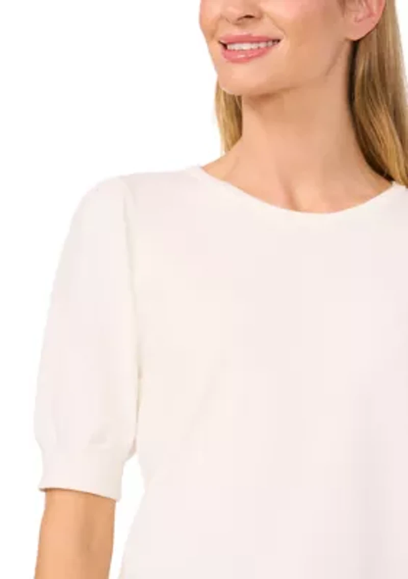 Petite Short Sleeve Crew Neck Blouse with Pearl Buttons