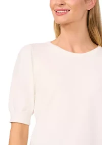 Petite Short Sleeve Crew Neck Blouse with Pearl Buttons