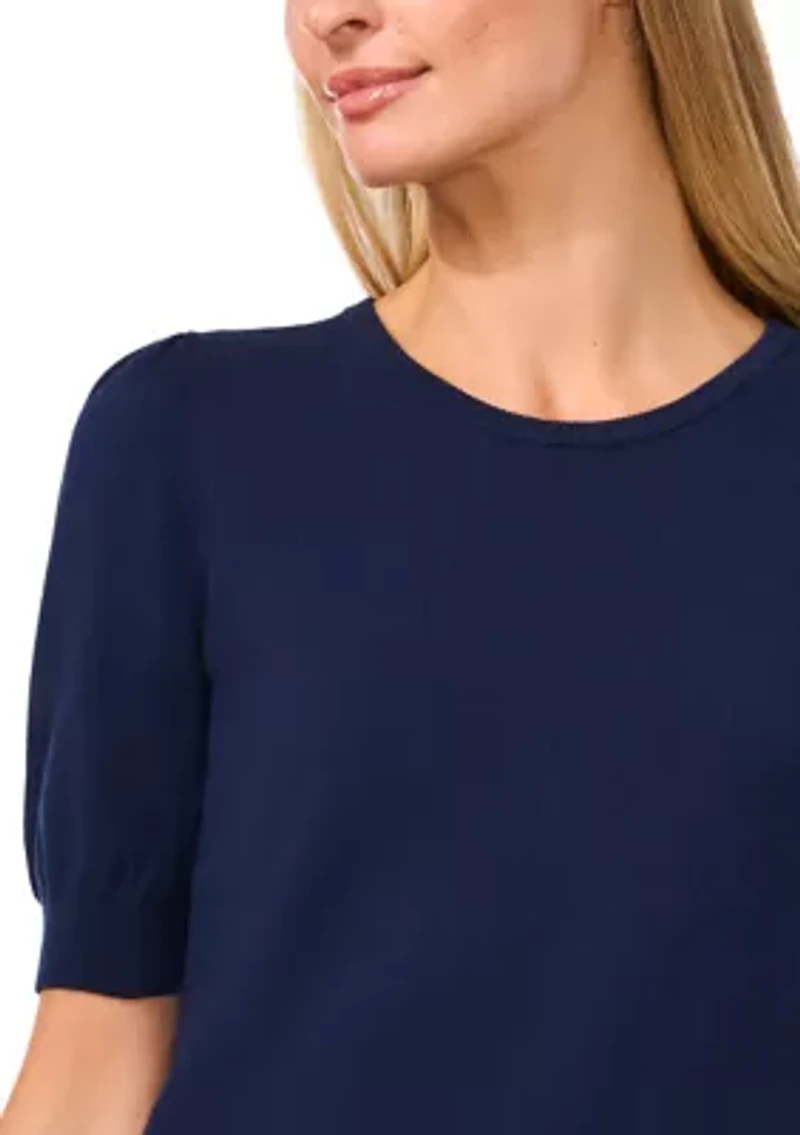 Petite Short Sleeve Crew Neck Blouse with Pearl Buttons