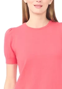 Petite Short Sleeve Crew Neck Blouse with Pearl Buttons