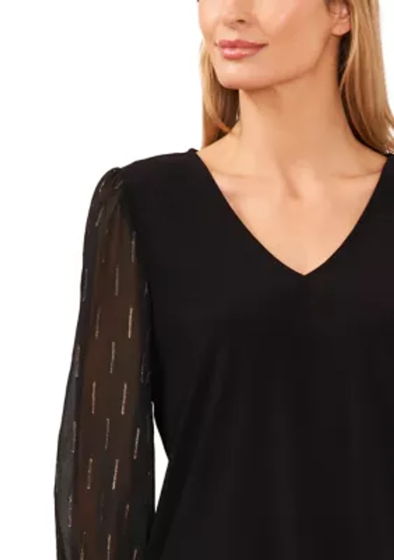 Petite V-Neck Mixed Media Top