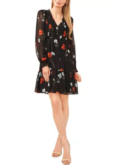 Petite Long Sleeve V-Neck Babydoll Dress