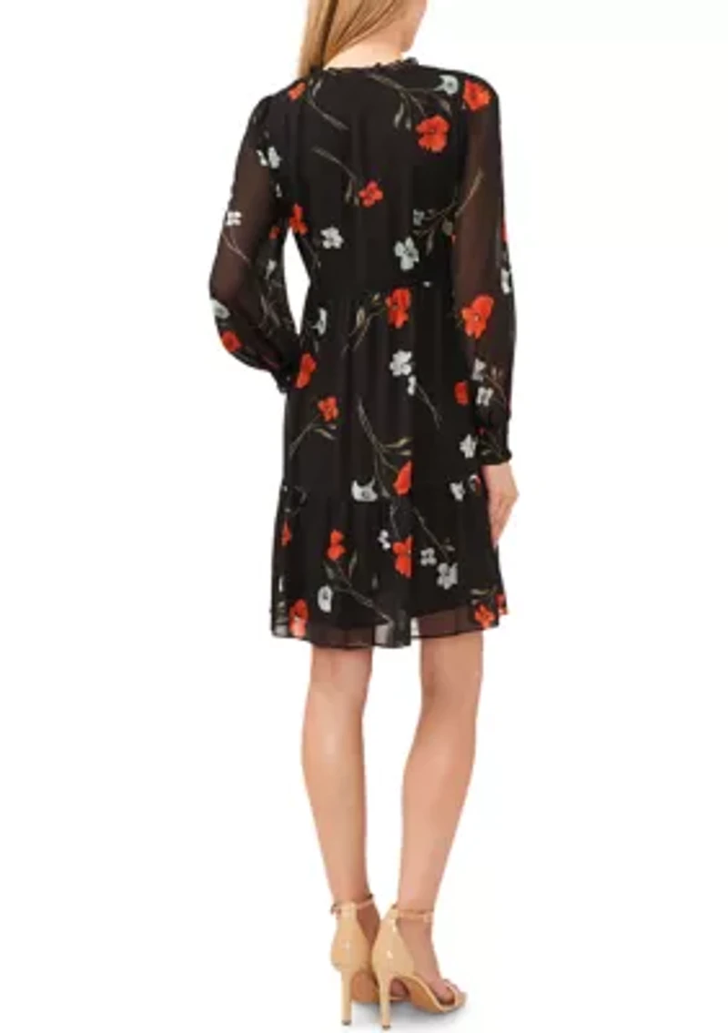 Petite Long Sleeve V-Neck Babydoll Dress