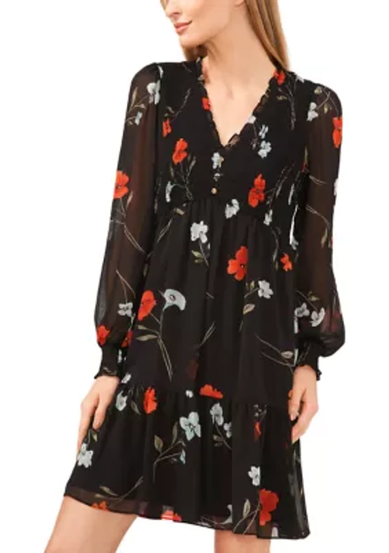 Petite Long Sleeve V-Neck Babydoll Dress