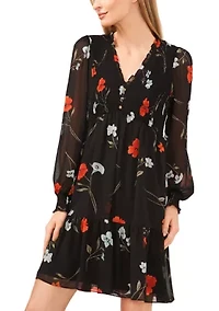 Petite Long Sleeve V-Neck Babydoll Dress