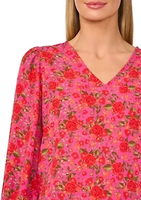 Petite Long Sleeve V-Neck Blouse with Smocking