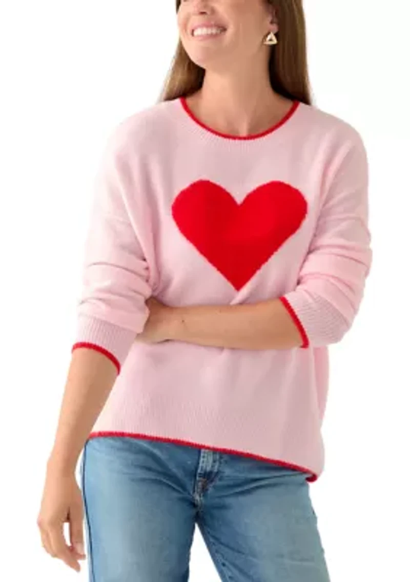 Petite Long Sleeve Heart Sweater with Tipping