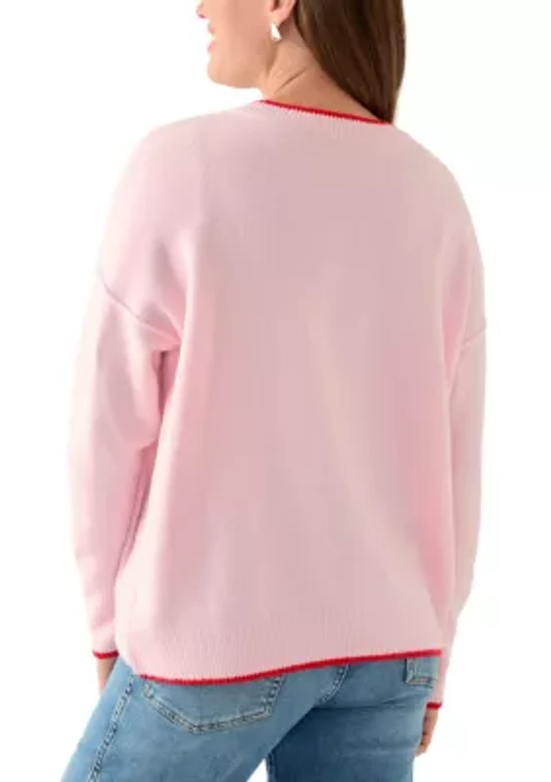 Petite Long Sleeve Heart Sweater with Tipping