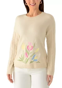 Petite Long Sleeve Embroidered Floral Sweater