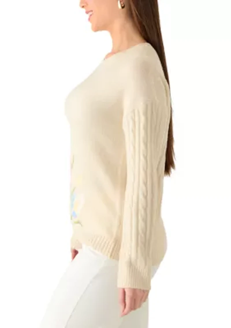 Petite Long Sleeve Embroidered Floral Sweater