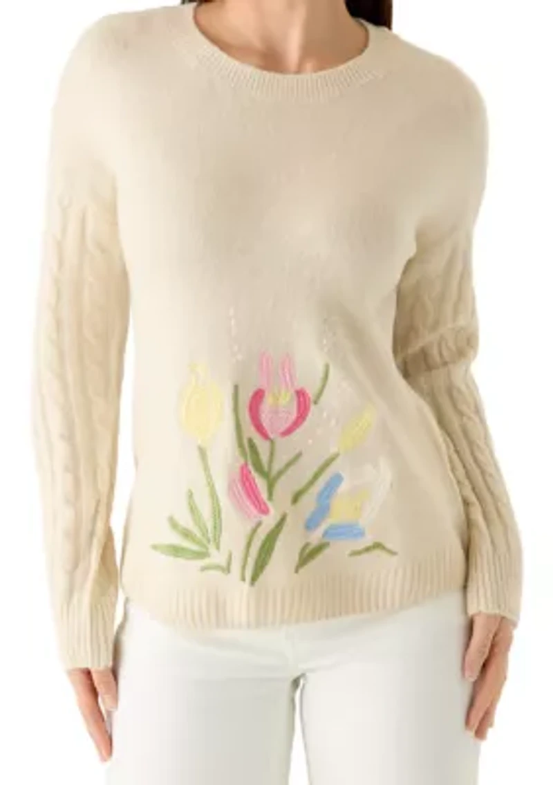 Petite Long Sleeve Embroidered Floral Sweater